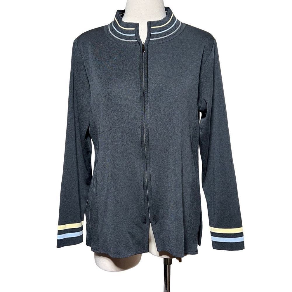 Exclusively Misook Summer Weight Gray Full Zip Long Sleeve Cardigan Medium